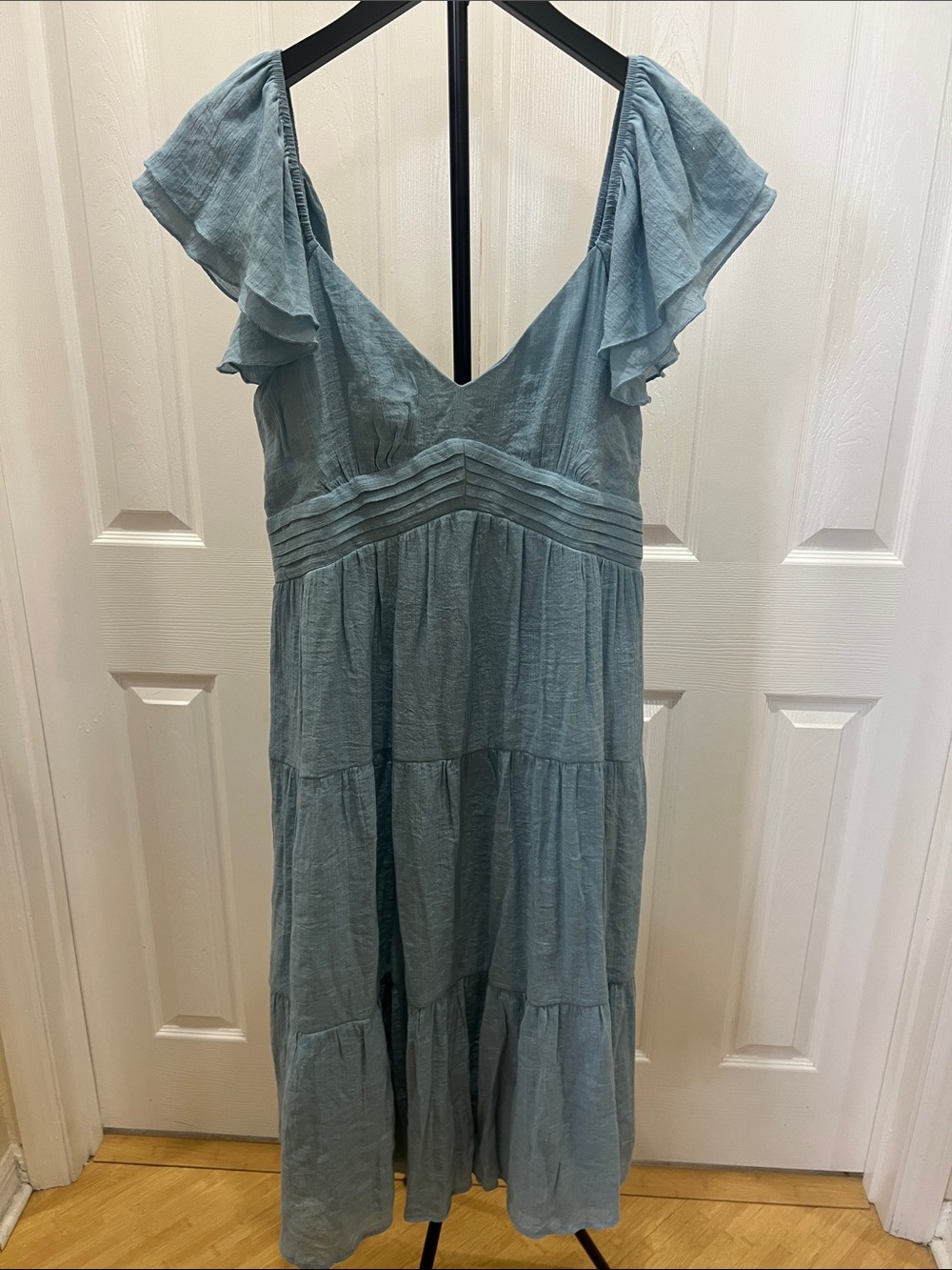 Trixxi Dusty Blue V-Neck Tiered Midi Dress with Flutter Sleeves